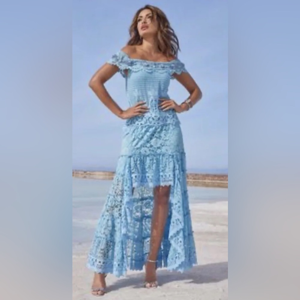 Boston Proper  Blue Lace Embellished Off The Shoulder High/Low Maxi Dress Sz L